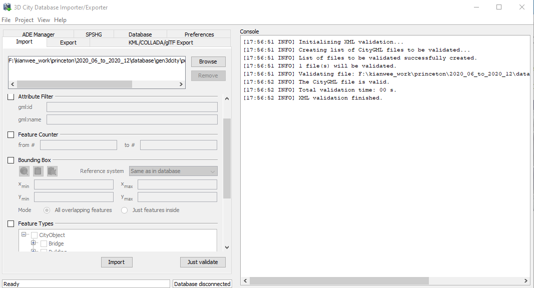 Interface for importing a CityGML file.