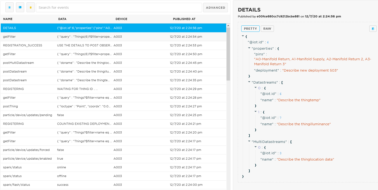 Details of the the registration is published under the event name ‘DETAILS’. Take not of the multi/datastreams id as you will need these ids for the STAPI06_PostObservations scripts.