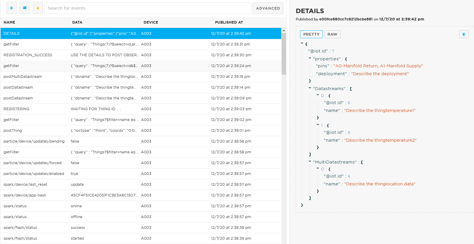 Details of the registration is published under the event name ‘DETAILS’. Take not of the multi/datastreams id as you will need these ids for the STAPI06_PostObservations scripts.